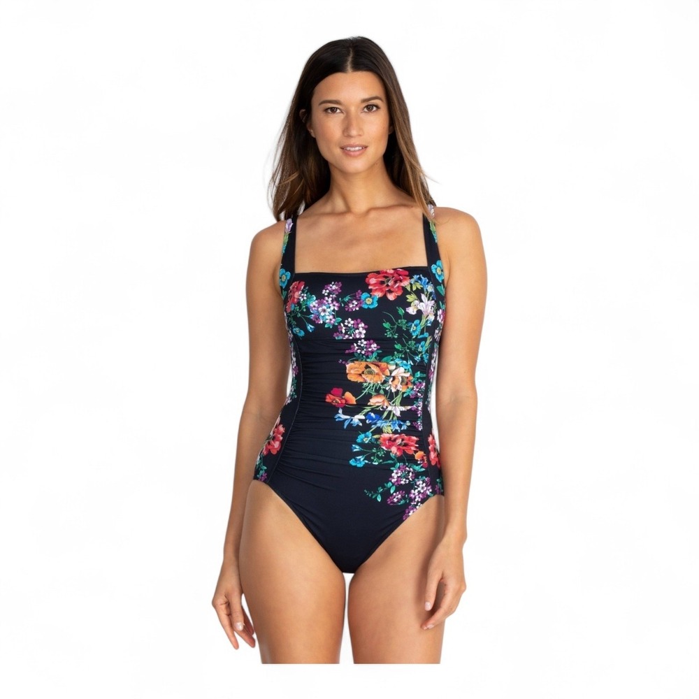 Johnny Was Navy Floral Square-Neck One-Piece Swimsuit